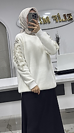 ANGORA KOL İŞLEMELİ KAZAK BEYAZ