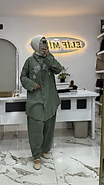 ÇİÇEK İŞLEMELİ KETEN TAKIM yeşil