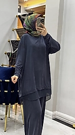 2256 MODAL ŞİFON DETAYLI TAKIM LACİVERT