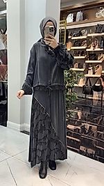 İPEK QUPRA DANTEL DETAYLI ETEKLİ TAKIM SİYAH