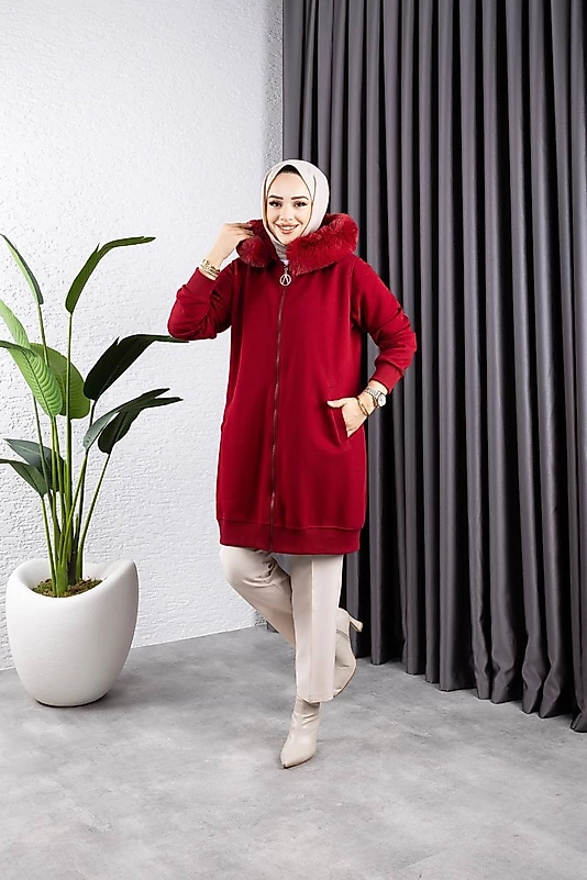 KÜRK DETAYLI HIRKA BORDO