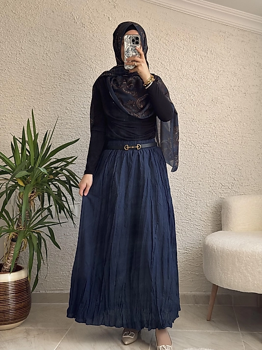 Lacivert Kraş Kırıştırma Etek