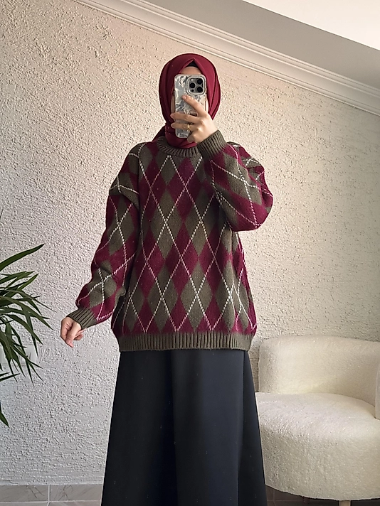 BAKLAVA DESEN KAZAK YEŞİL-BORDO