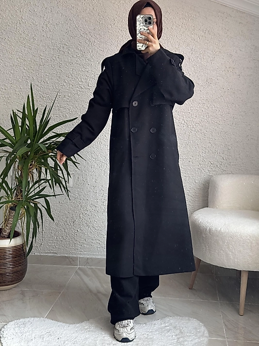 ASTARLI TRENÇKOT SİYAH