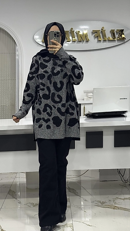 IŞILTILI LEOPAR TRİKO SİYAH