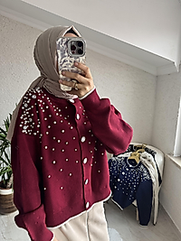 TAŞ VE İNCİ DETAYLI HIRKA BORDO