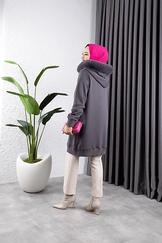 KÜRK DETAYLI HIRKA GRİ