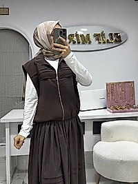 7542 YELEKLİ ETEKLİ TAKIM KAHVE