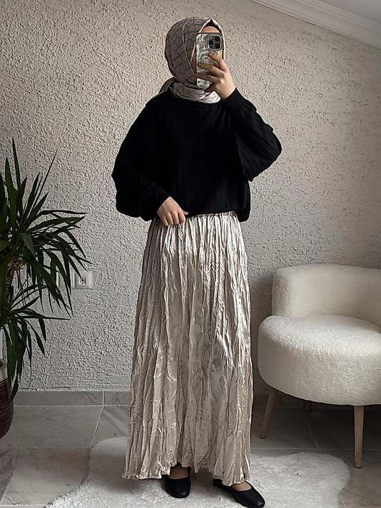 Pamuk saten Kraş kırıştırma etek bej renk