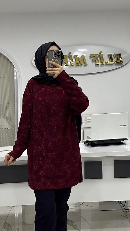 IŞILTILI LEOPAR TRİKO BORDO