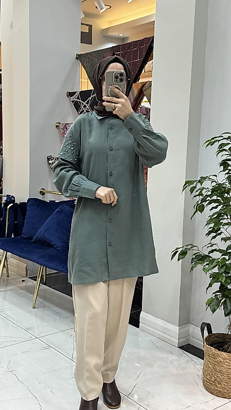 11256 OMUZ TAŞ DETAYLI MAGAZİN GÖMLEK ÇAĞLA YEŞİLİ