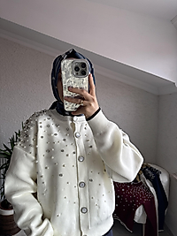 TAŞ VE İNCİ DETAYLI HIRKA BEYAZ