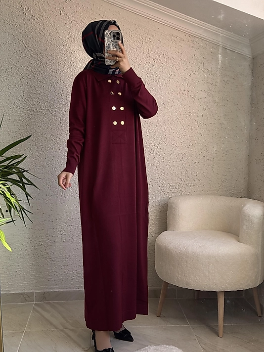 DÜĞME DETAYLI MERSERİZE ELBİSE  BORDO