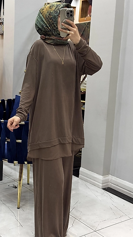2256 MODAL ŞİFON DETAYLI TAKIM KAHVE