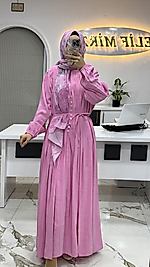 4572 NERWÜR DETAYLI ELBİSE PEMBE