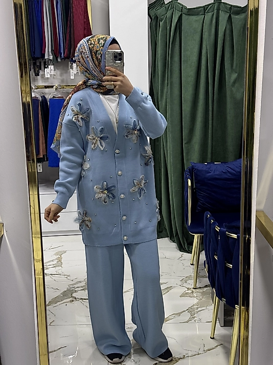 ÇİÇEK İŞLEMELİ PANTOLONLU TAKIM Mavi