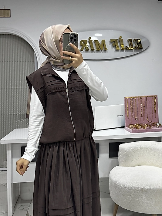 7542 YELEKLİ ETEKLİ TAKIM KAHVE