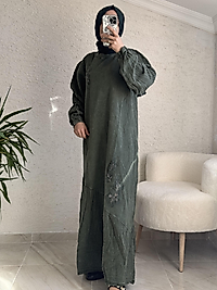 3350 YAPRAK DESEN İŞLEMELİ TAM BOY ELBİSE YEŞİL