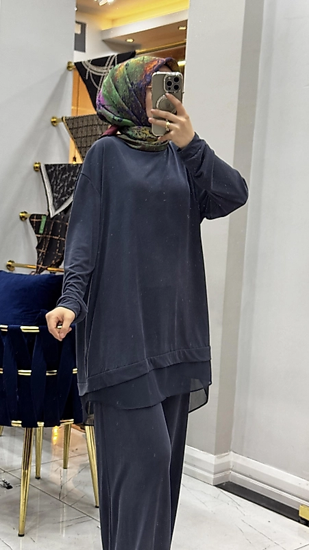 2256 MODAL ŞİFON DETAYLI TAKIM LACİVERT