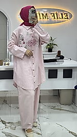 ÇİÇEK İŞLEMELİ KETEN TAKIM pembe